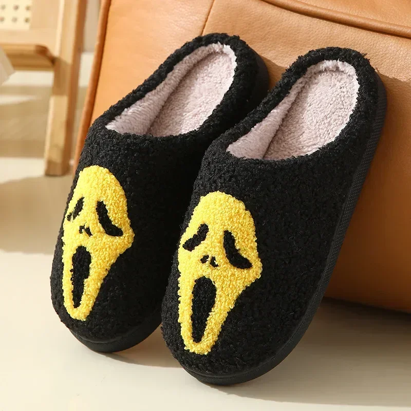Warm Plush Slippers Women's Winter New Halloween Black Ghostface Home Cotten Slippers Men Flip Flops Indoor Floor Slippers Gifts