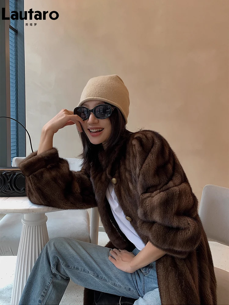 Lautaro Winter Long Brown Thick Warm Soft Faux Mink Fur Coat Women Puff Sleeve Elegant Luxury Chic Fluffy Furry Overcoat 2023