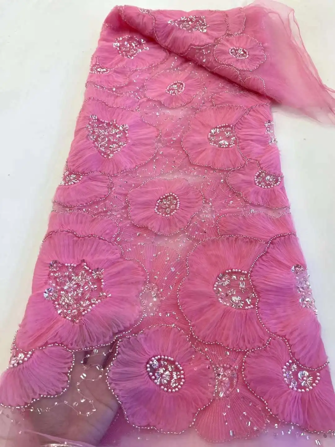 2023 Latest African 3D Flower Lace Fabric Dubai Sequins Tulle Lace Fabric Embroidered Applique Nigerian Groom Fabric For Sewing