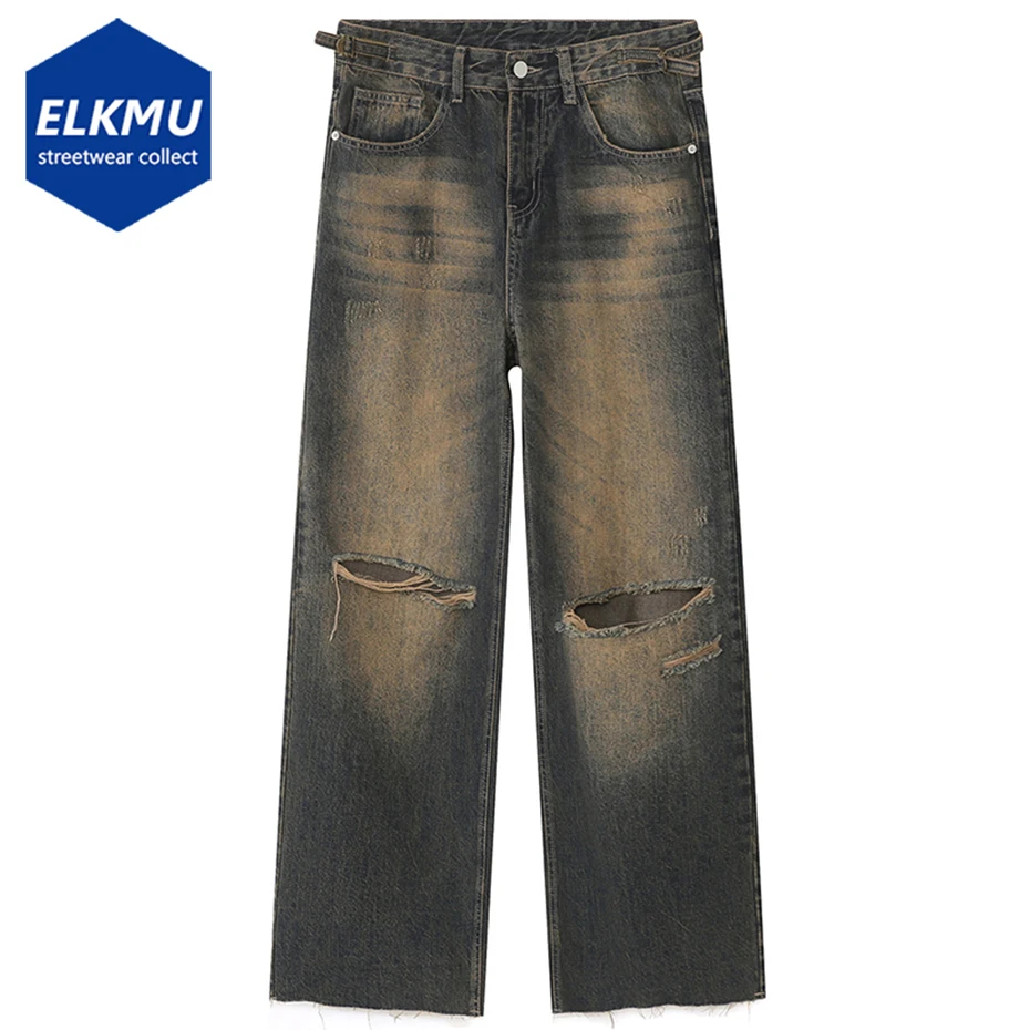 Ripped Vintage Jeans for Men Hip Hop Streetwear Baggy Denim Pants Harajuku Loose Blue Jeans