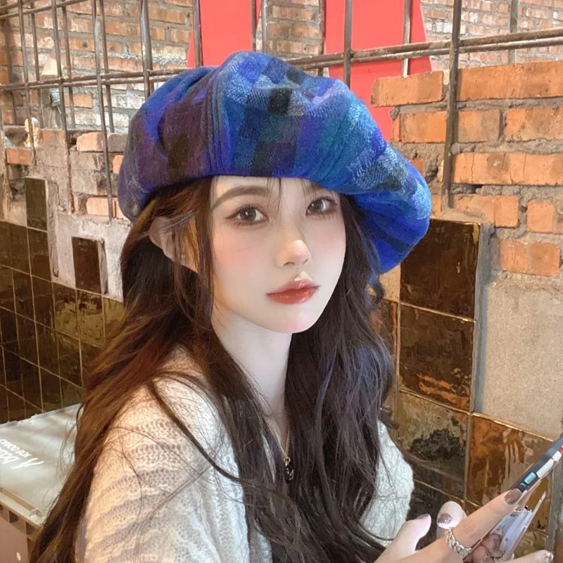 Women's Large Blue Beret Niche Exaggerated Tweed Painter Hat Tie-dye new Color 2025 Contrast Personality Japanese Oversized Cloud Hat