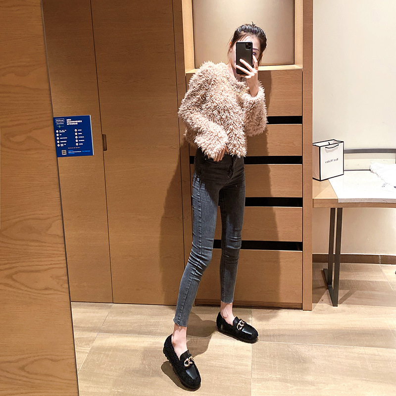 2025 new a4efc winter fur new moccasins brand metal chains decoration leather patchwork furry flats 43plus size warm plush sneakers women ry