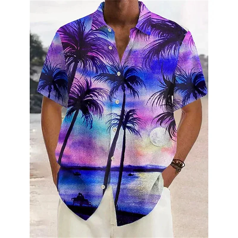 New Hawaiian 2025 shirt men's street shirt holiday casual new short sleeve Haruku coconut tree printed lapel men's oversized T-shirt