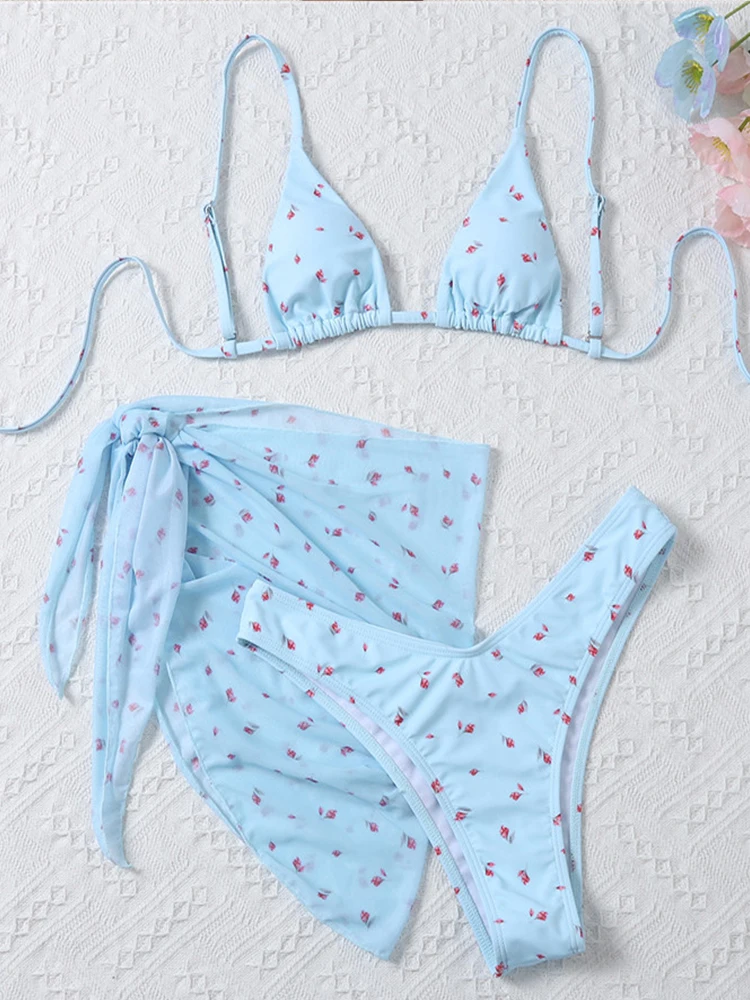 Peachtan Mesh 3 Pieces Bikinis Set new Print 2025 Women's Swimsuit Traingle Halter Bathing Suit Push Up Low Waist Swimwear 2023 Women