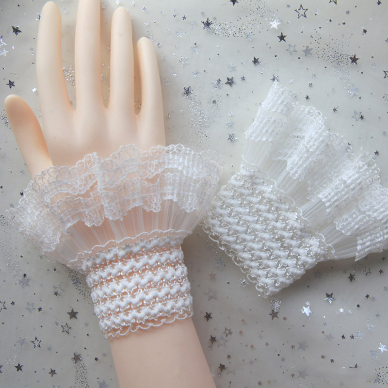 1Pair Girls Sweet Detachable Fake Flare Sleeve Lace Pleated Ruffles Decorated Cuffs Lolita Sleeves Elastic Universal Fake Cuff
