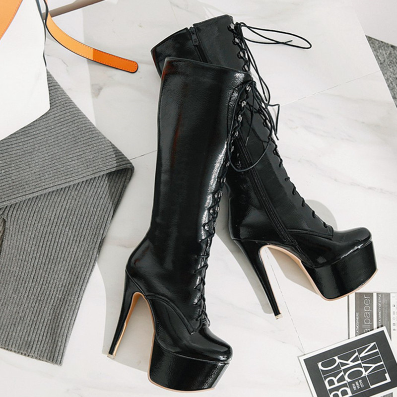 Knee Red Boots Women Platform Sexy High Heels Winter Shoe Lace-up Black White Women's Long Boot Fetish Shoes Large Size 48 9826 's s