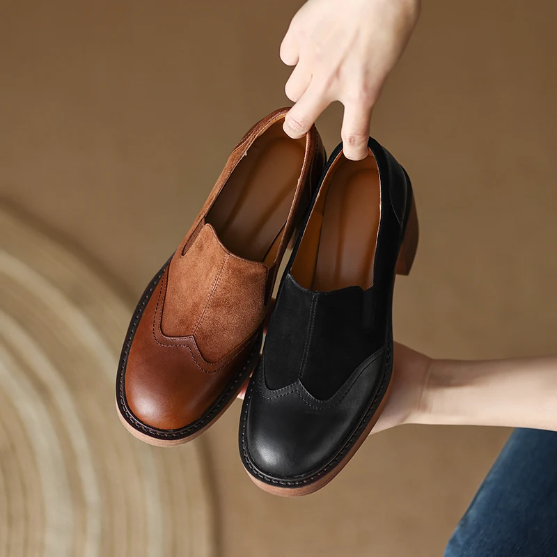 2023 new 2025 Spring Women Shoes Round Toe Platform Shoes Genuine Leather Casual Thick Heel Women Pumps Handmade Shoes High Heel