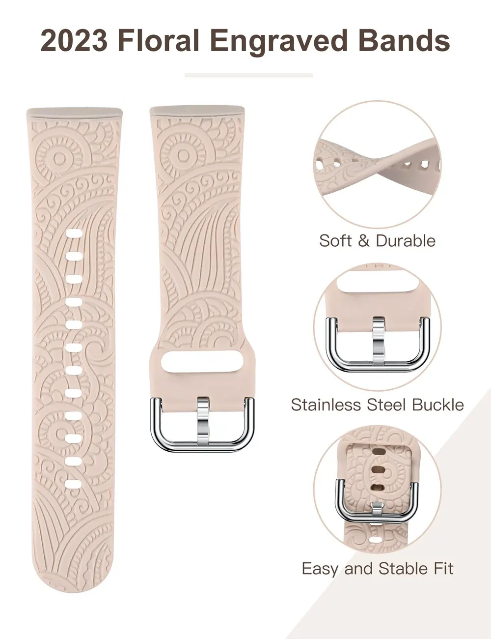 Toyouths Floral Engraved Band for Fitbit Sense 2/Versa 4/Versa 3/Sense Soft Silicone Sport Solo Loop 2025 new Strap for Women Men