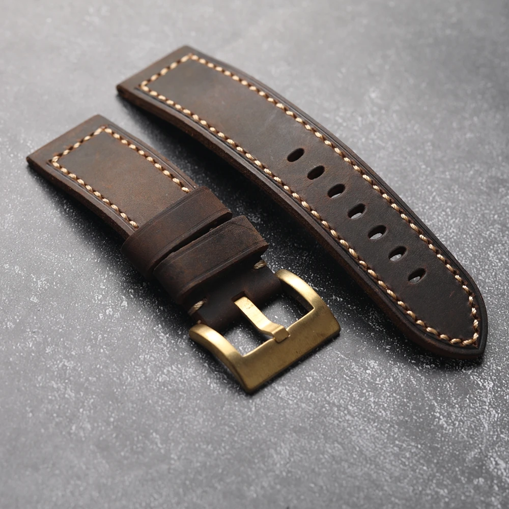 Handmade Crazy Horse Leather Genuine Leather Bracelet 20MM 22MM 24MM 26MM Thick Rugged Style Copper Buckle Men's Watch Strap