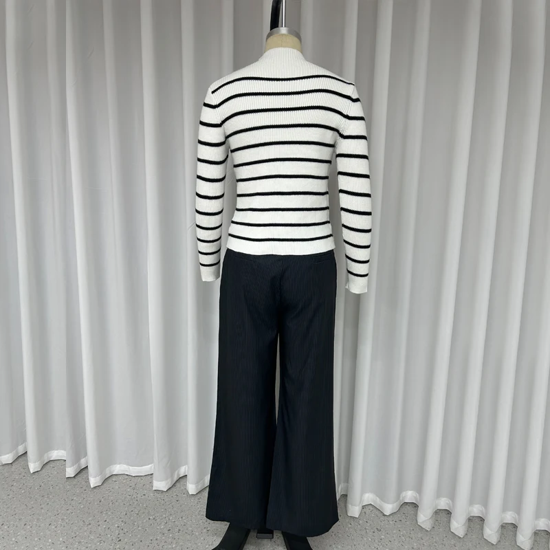 Wefads Women Two Piece Set Winter Office Casual Striped Printed Crew Long Sleeve Slim Sweater Top Loose With Pockets Pants Sets