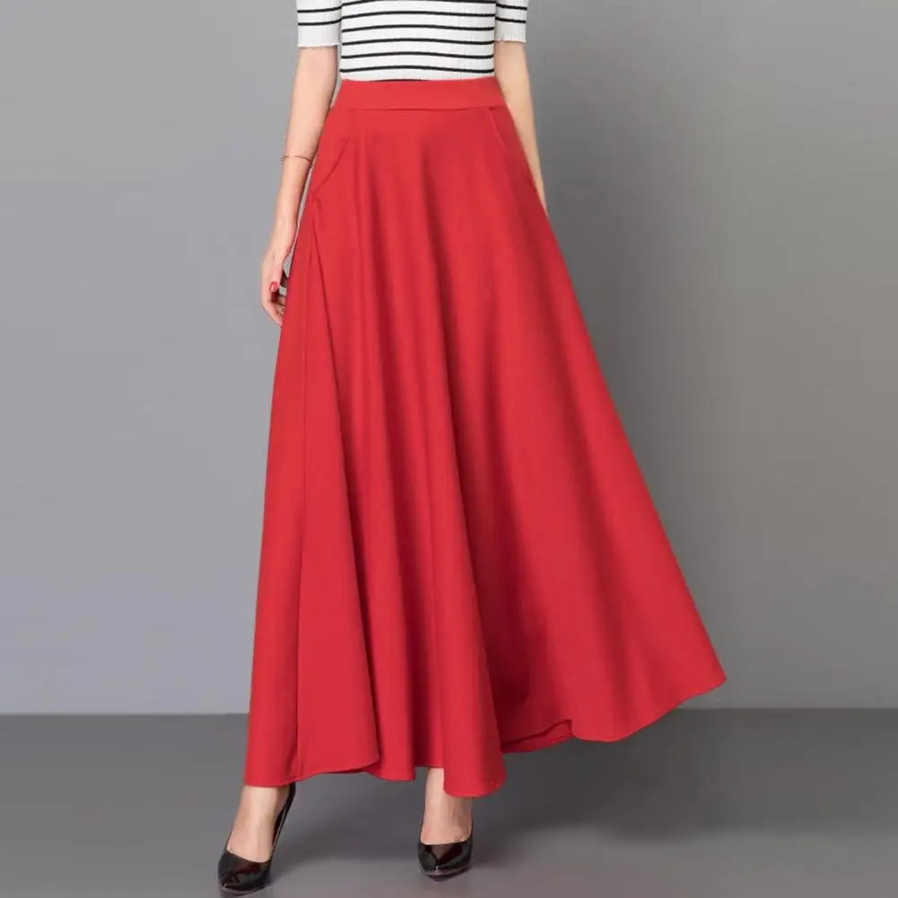 Elegant Women Maxi Skirt High Waist Tummy Control A line Lady Loose Hem Pockets Dating Party Banquet
