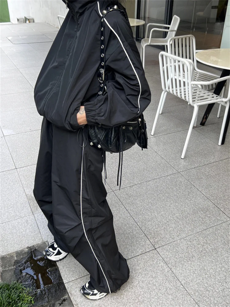 90s Vintage Black Pants Sets Women Y2K Street Zip Up Jacket Loose Wide Leg Track Trousers Gorpcore 2 Piece Set Jogging Tracksuit