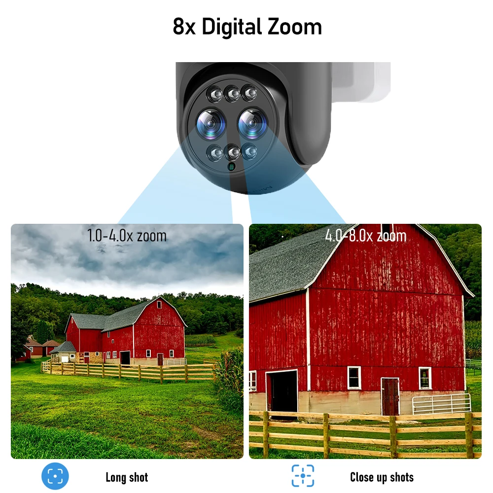 8MP Binocular Wifi Survalance Camera 2K FHD Outdoor Dual Lens 8x Zoom IP Cam Auto Tracking CCTV Work with NVR Support FTP CamHi