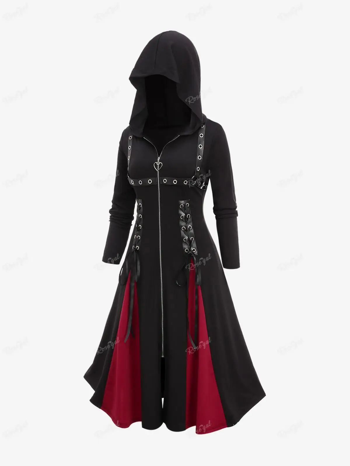 ROSEGAL Plus Size Zipper Hooded Coat Black Lace Up PU Leather 2025 Stripe Grommets Patchwork new Long Tops Women Winter Casual Outfits