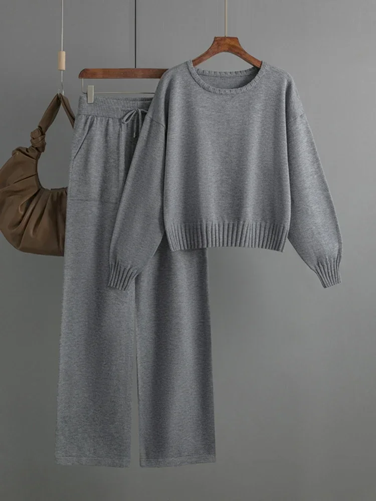Winter Autumn Women's Knitted Tracksuit Casual Korean Plus Size Sweatersuit Wide Leg Pants Set Ribbed 2 Piece Sets Women Outfits