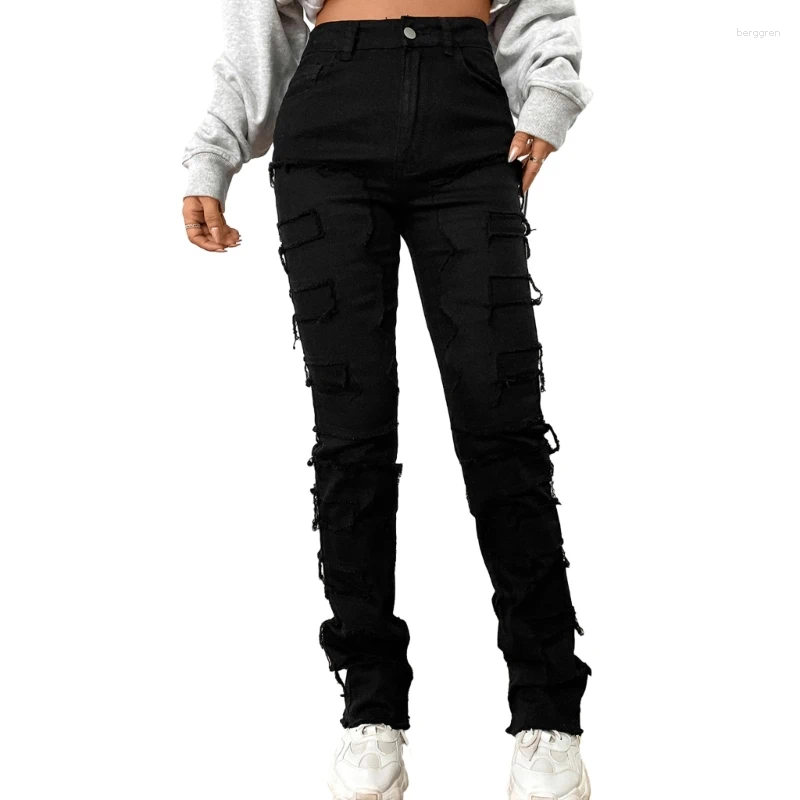 Womens Jeans Women Stacked Ripped Fit Jean Destroyed Straight Stretch Denims Pants Z260313