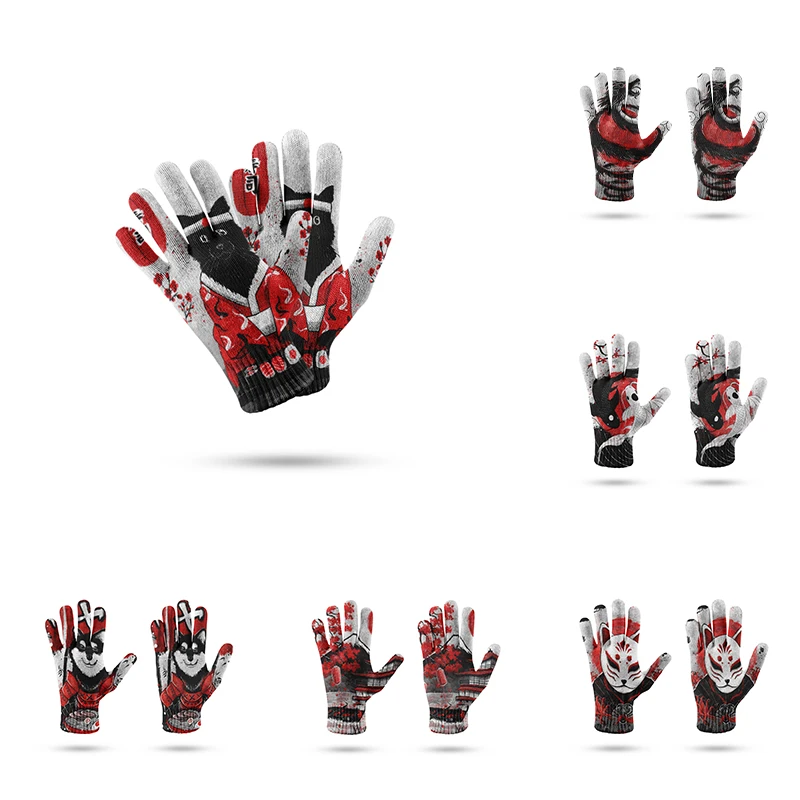 Japanese Cats 3d Printed new Knitted Gloves 2025 High Quality Garden Cycling Labour Thick Gloves Polyester Winter Funny Outdoor Gloves