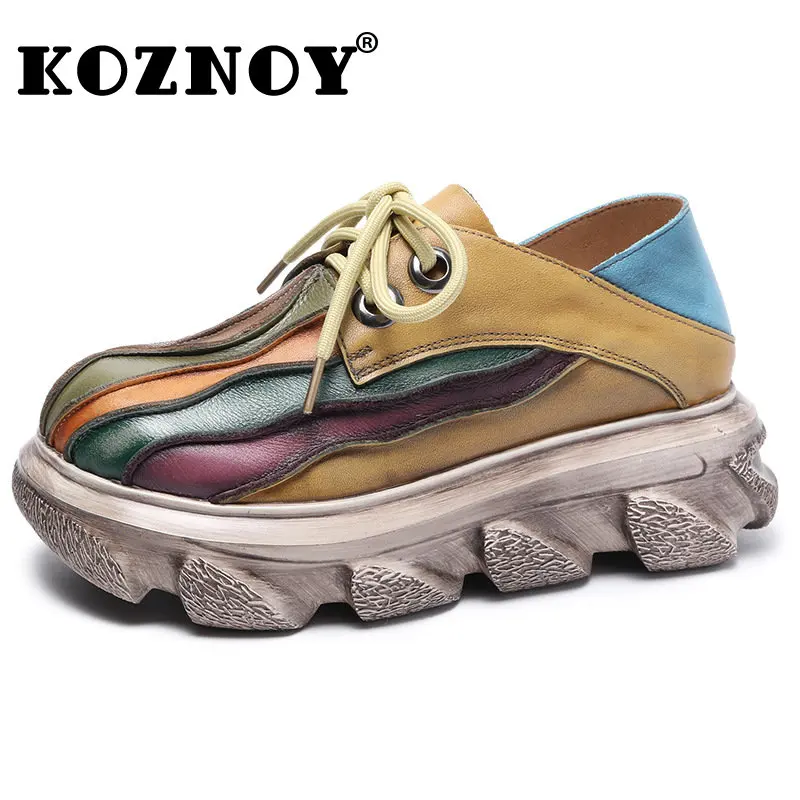 Koznoy New In 2025 Women's Boots 6cm Genuine Leather Heels Pumps Pils Mules Platform new Summer Autumn Mixed Color Novelty Shoes