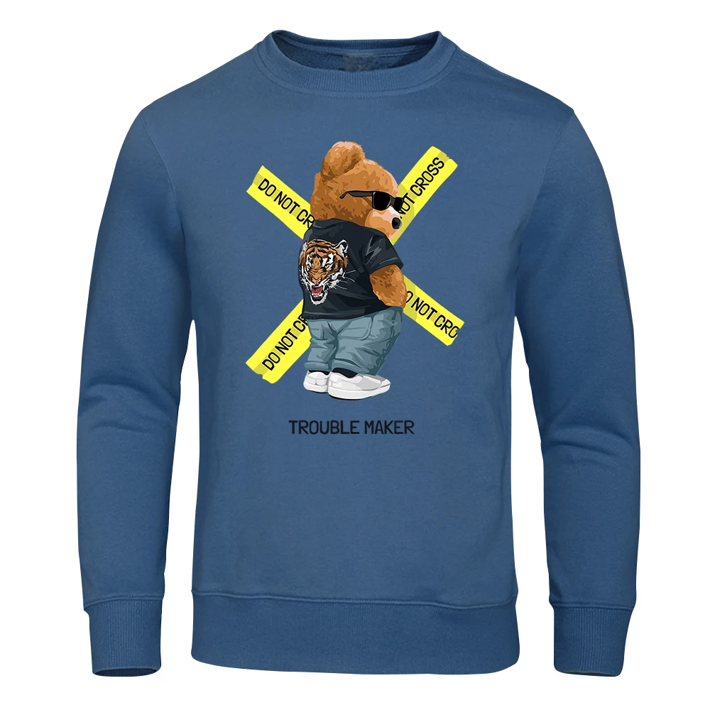 Mr. Teddy Bear With Dark Glasses Trouble Maker sudaderas con capucha para hombres, Top suave deportivo Harajuku, Tops de cuello redondo, Jersey suelto