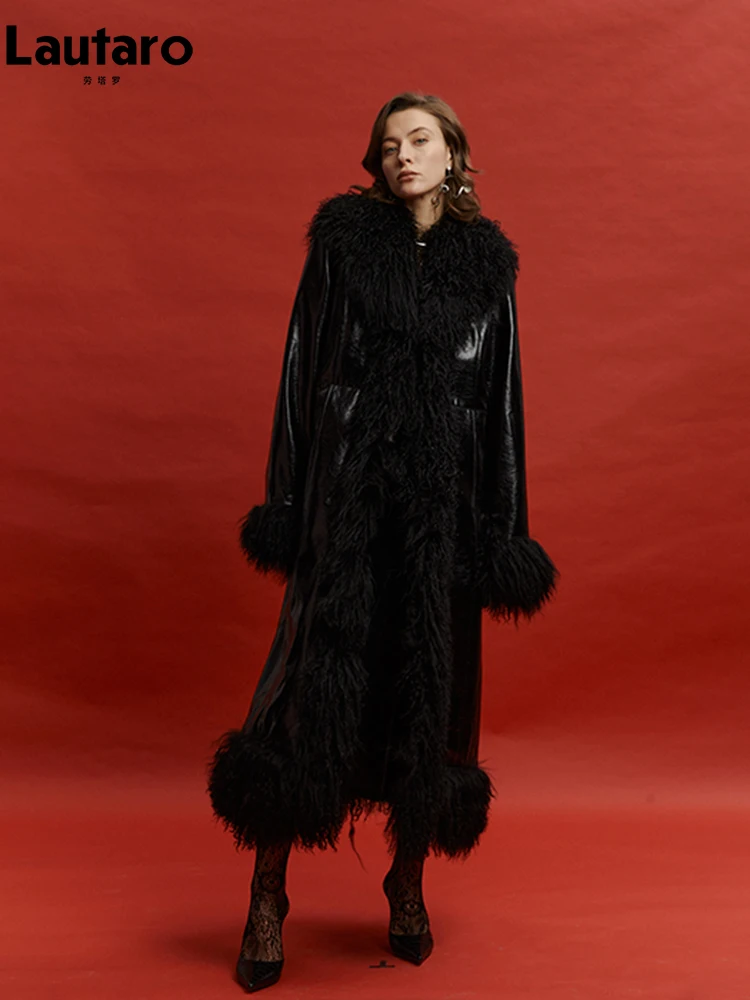 Lautaro Spring Autumn Long Black Shiny Patent Pu Leather Coat Women with Faux Fur Trim Luxury Designer Clothing European Fashion