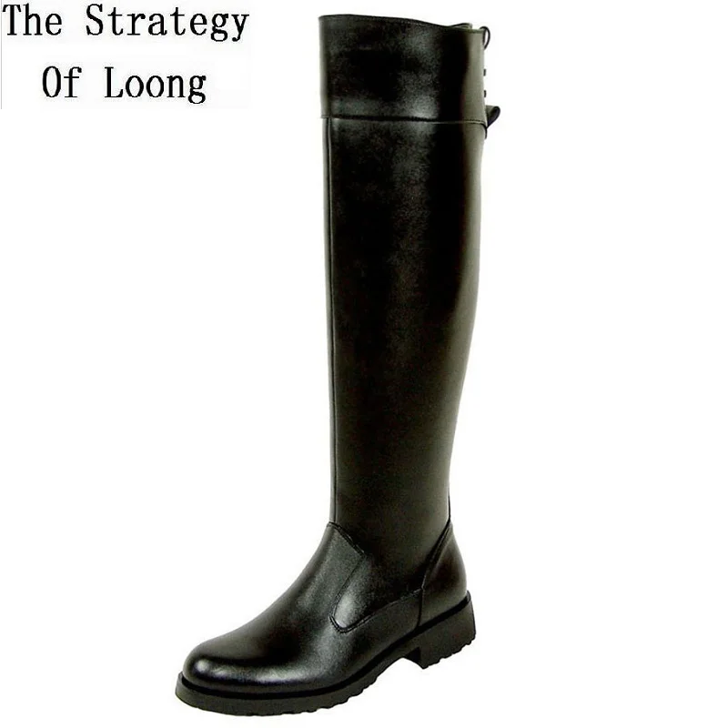 Men Genuine Leather Motorcycle Boots High Equestrian Boots Winter Male Plush Long Knee-high Military Tactical Boots Knight Boots