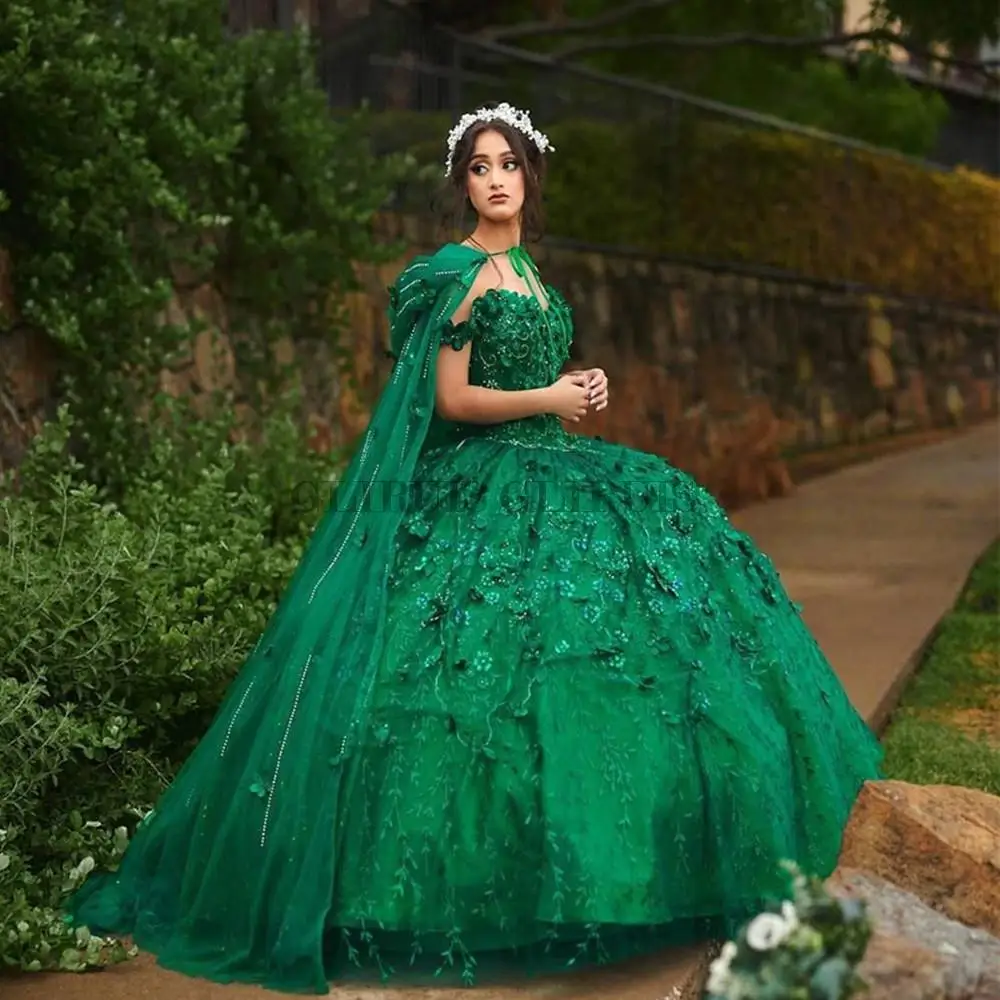 Emerald Green Quinceanera Dresses Ball Gown Floral Applique Crystal Sweet 16 Dresses With Cloak Birthday Party