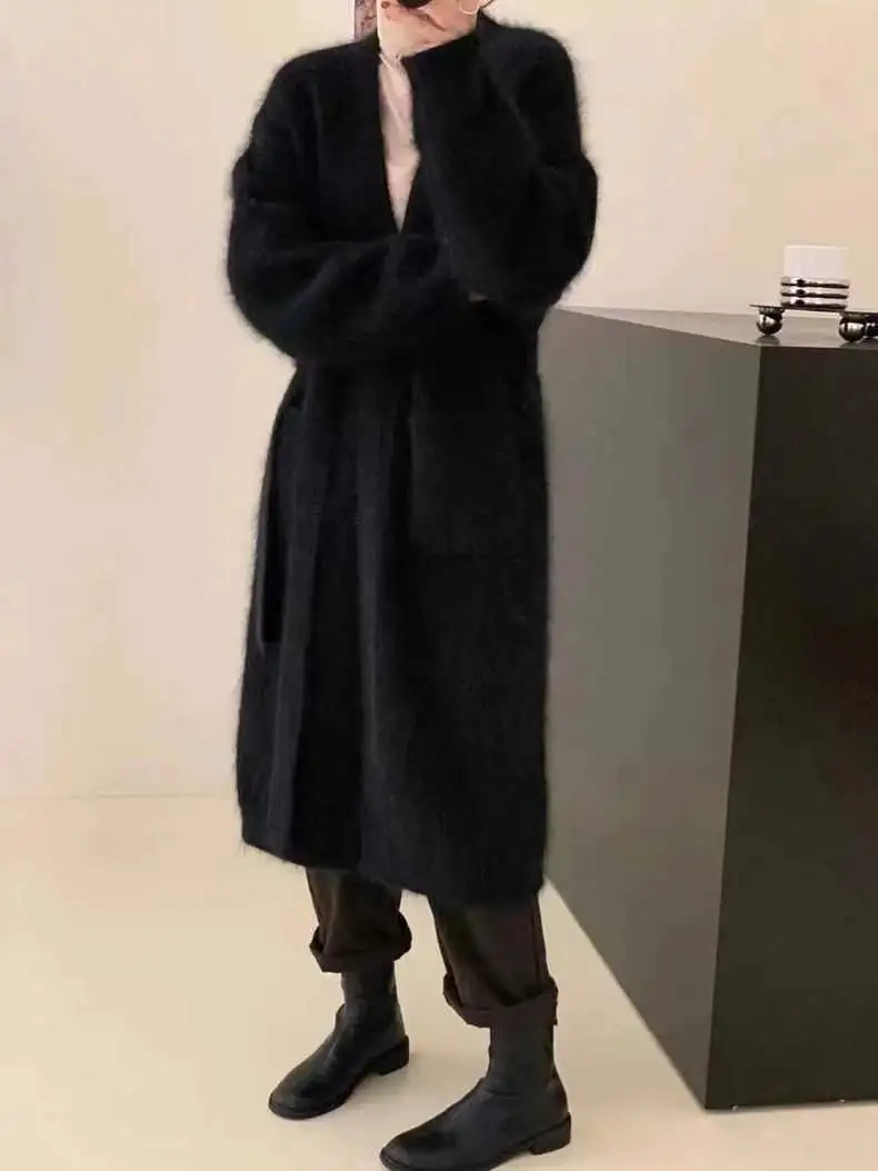 New Fluffy Mink Cashmere Sweater 2024 Autumn New Sable Long Cardigan with Belt Women's Sweater Loose Thick Knitted Coat C011