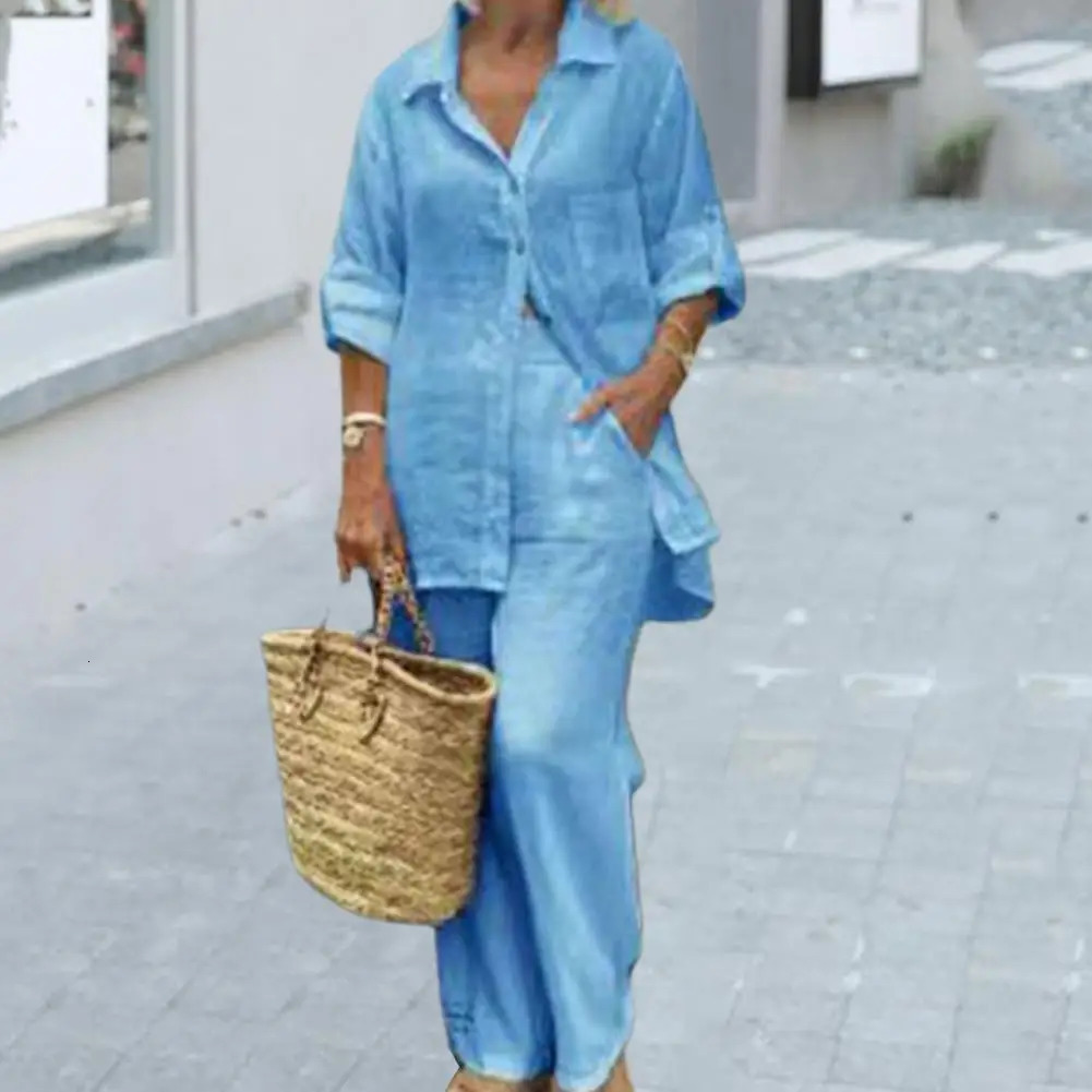 2 PcsSet Fabulous Leisure Summer Top Trousers Set Pockets Casual Deep Crotch Easy to Match 240329
