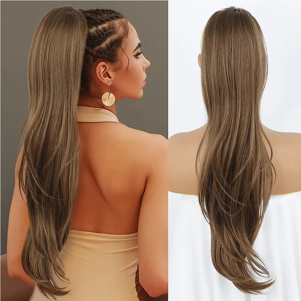 Ponytail Extensions 26 Inch Long Natural Wavy Drawstring Straight Hair Fake Tail Synthetic Hairpiece for Women Daily Use party