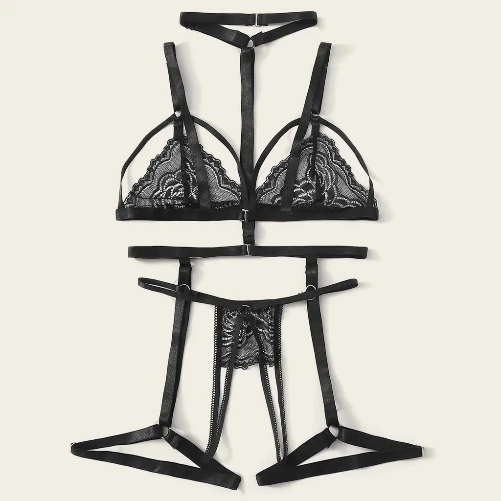New new In Plus Size Women's Underwear Sexy Lingerie Lace Lingerie Bra+thong+garter Underwear Set 2025 Black Sleepwear Women's lingerie