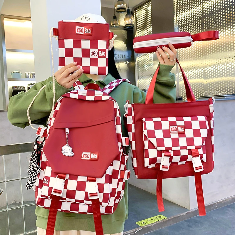 4 In 1 Women Backpack Trendy Plaid School Bag for Girls Large Capacity Waterproof Travel Backpacks Student Bookbags Mochila