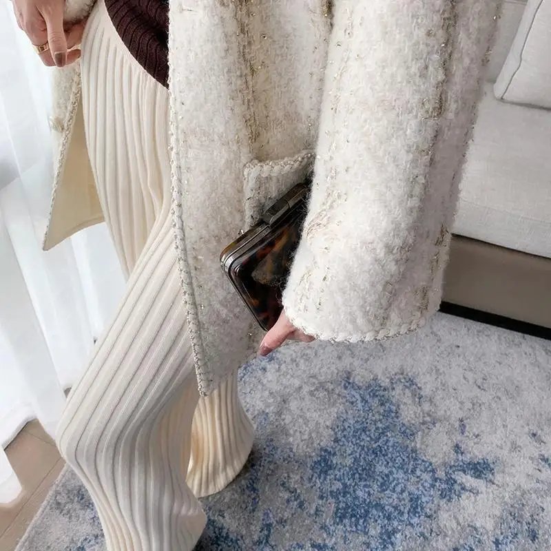 Casual Thick Knitted Women Pants Elastic High Waist Loose Female Wide Leg Pant Long Trousers 2023 Autumn Winter Striped Pantalon