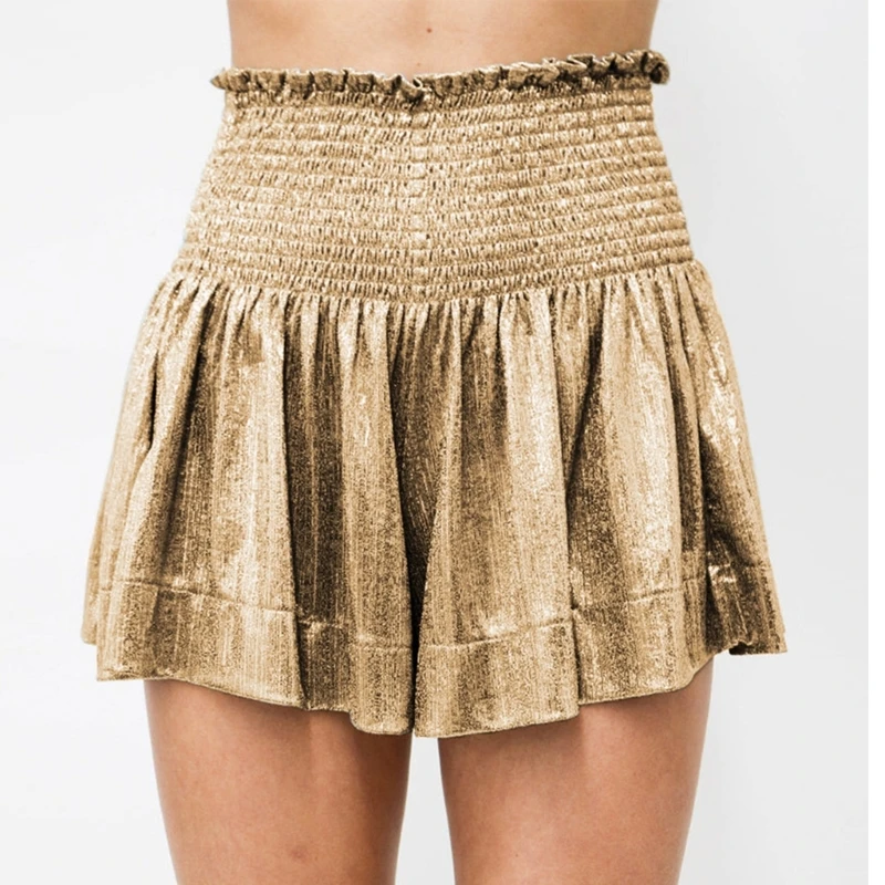 Women Smocked High Waist Glitter new Metallic 2025 Flowy Hot Shorts Dance Baggy Shorts