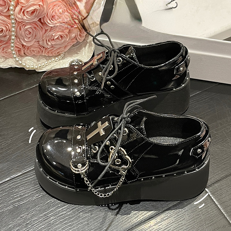 2023 New Platform Boots Punk Lace Cute Sweet Patent Leather Mary Jane Shoes Retro Rivets Lolita Students Black Girls Belt Shoes