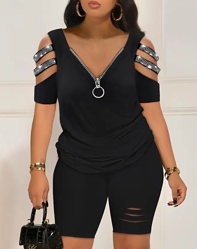 Casual Two Piece Set Women Outfit Summer Women's Short Sleeve Daily Suit Rhinestone Cold Shoulder Top & High Waist Shorts Set