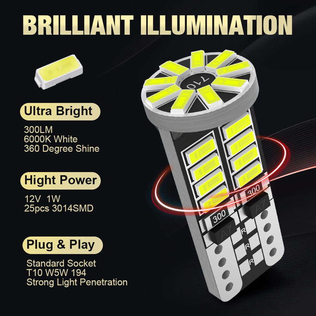 2/10x W5W T10 2025 Led Bulbs Canbus 168 194 new 501 Led 5w5 Car Interior Dome Reading License Plate Light 25SMD 3014 Chip Signal Lamp