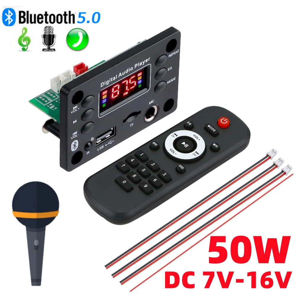 2*25W 50W Amplifier 12V Handsfree Bluetooth MP3 Decoder Board DIY Audio Home Digital Microphone USB TF FM Radio For Car Speaker
