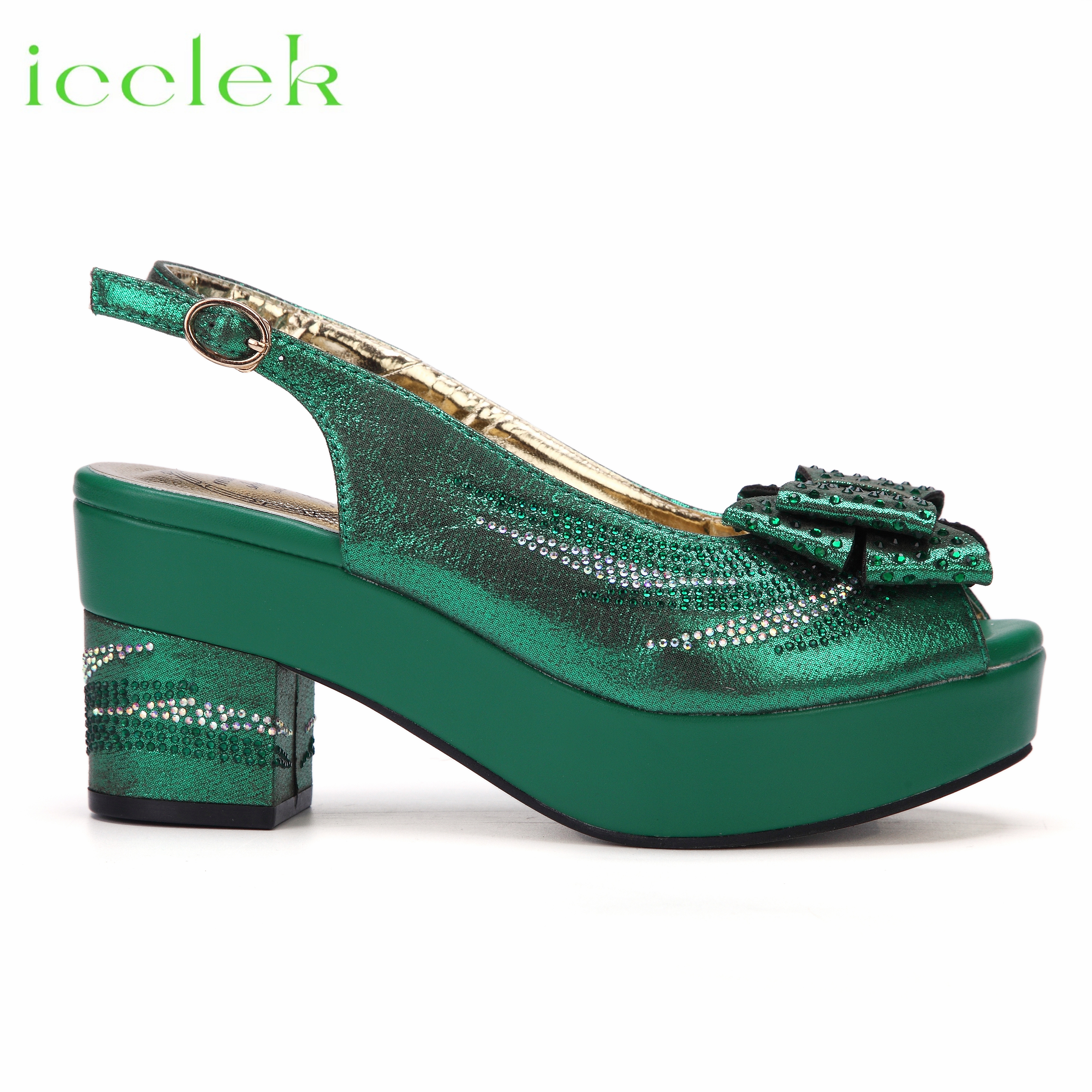 Nigeria Popular New Elegant Green Color Chunk Heels Sandals for Simple And Versatile Exquisite Party Shoes And Bag Set