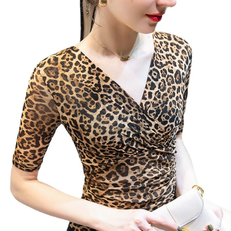new S-2XL Women Crossed V Neck Mesh T Shirts Lady Spring 2025 Summer Shirring Stretchy Leopard Tops Tees Female Half Sleeve T-Shirt