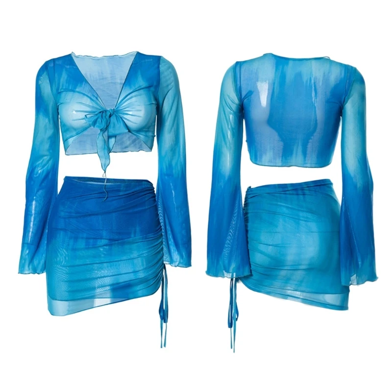Women new 2025 2Pcs Tie-Dye Mesh Cover Up Long Sleeve Crop Top and Ruched Mini Skirt Set H7EF