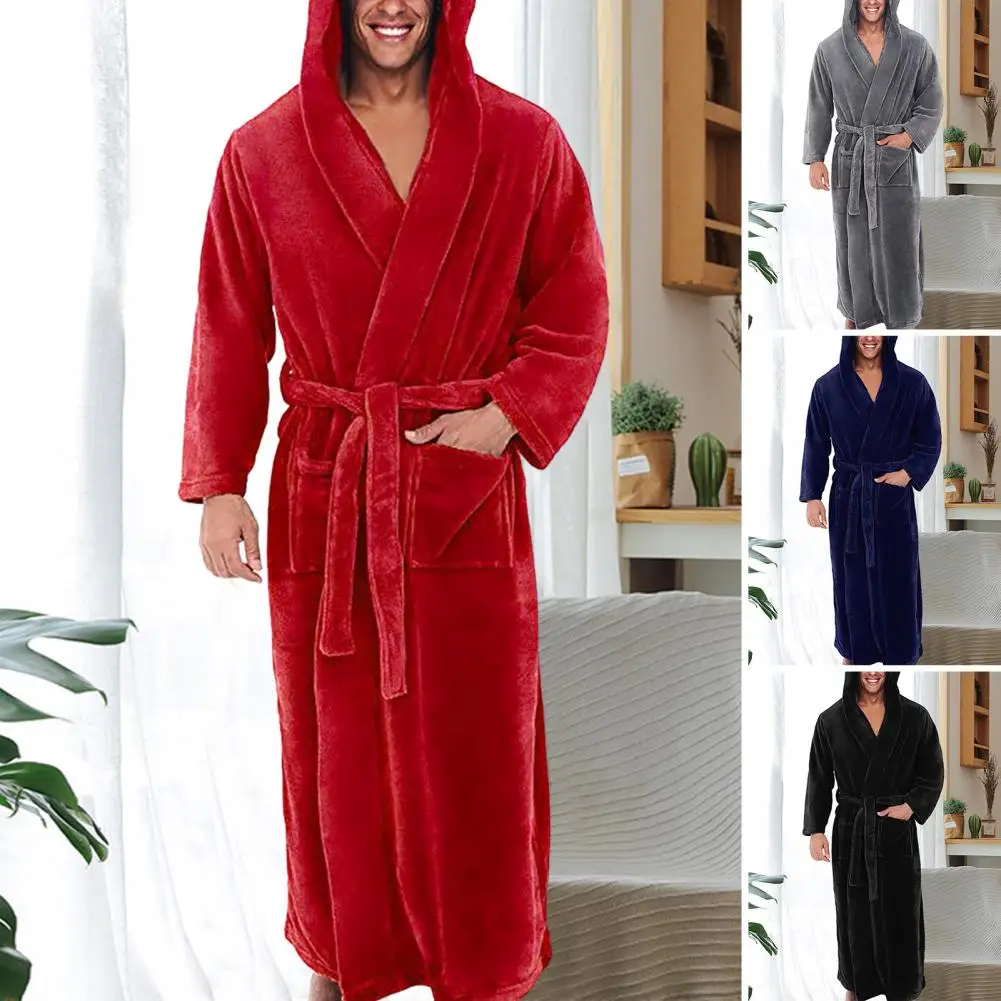 Waist Lace-up Ankle Length Anti-freeze Male Thickened Plush Nightgown Robe Pajamas Fleece Nightgown for Bedroom