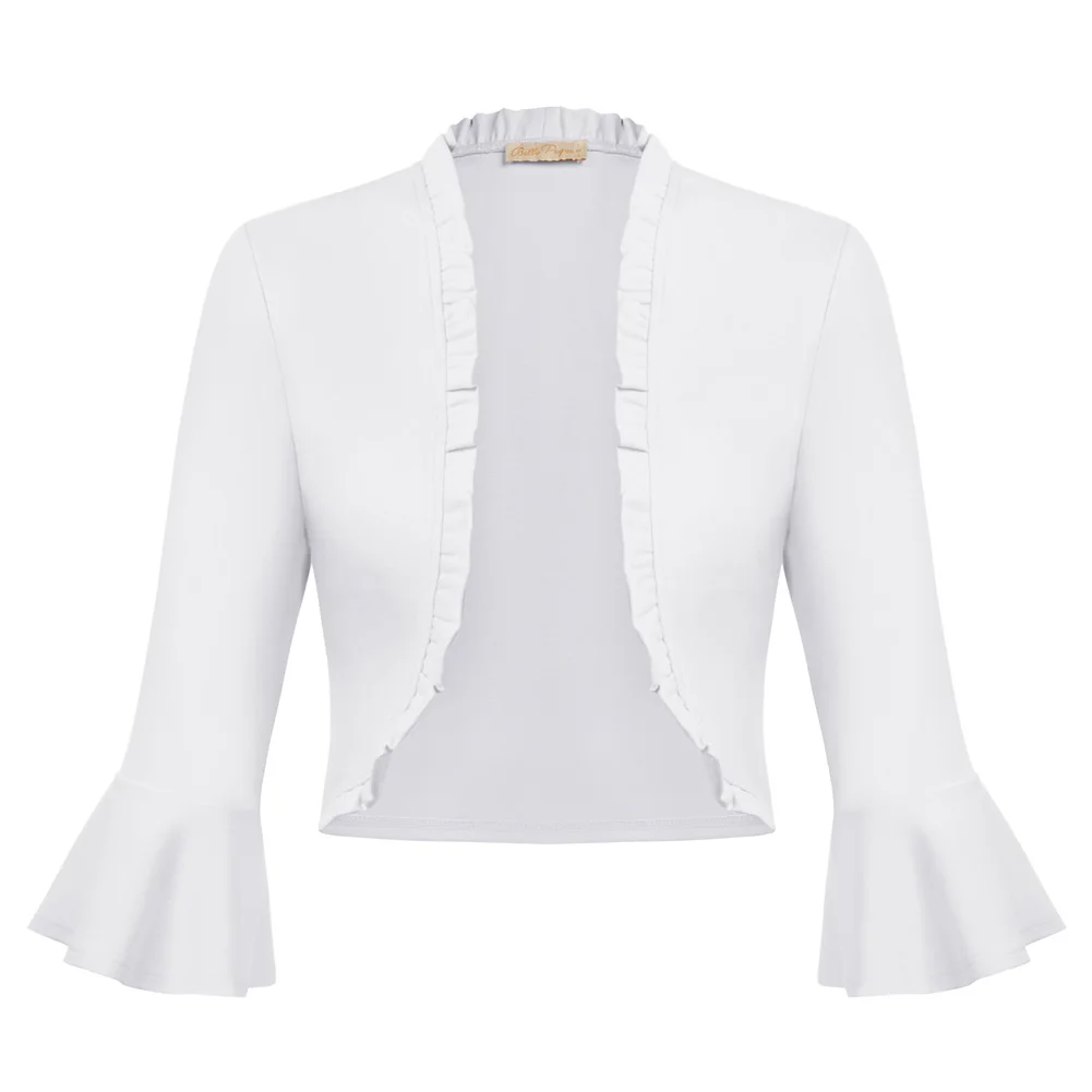 Belle Poque Women 2025 Vintage Ruffled Trim Shrug 3/4 Bell Sleeve Open Front Cropped Bolero Cover Up Slim new Shrug Solid Spring Cardigan