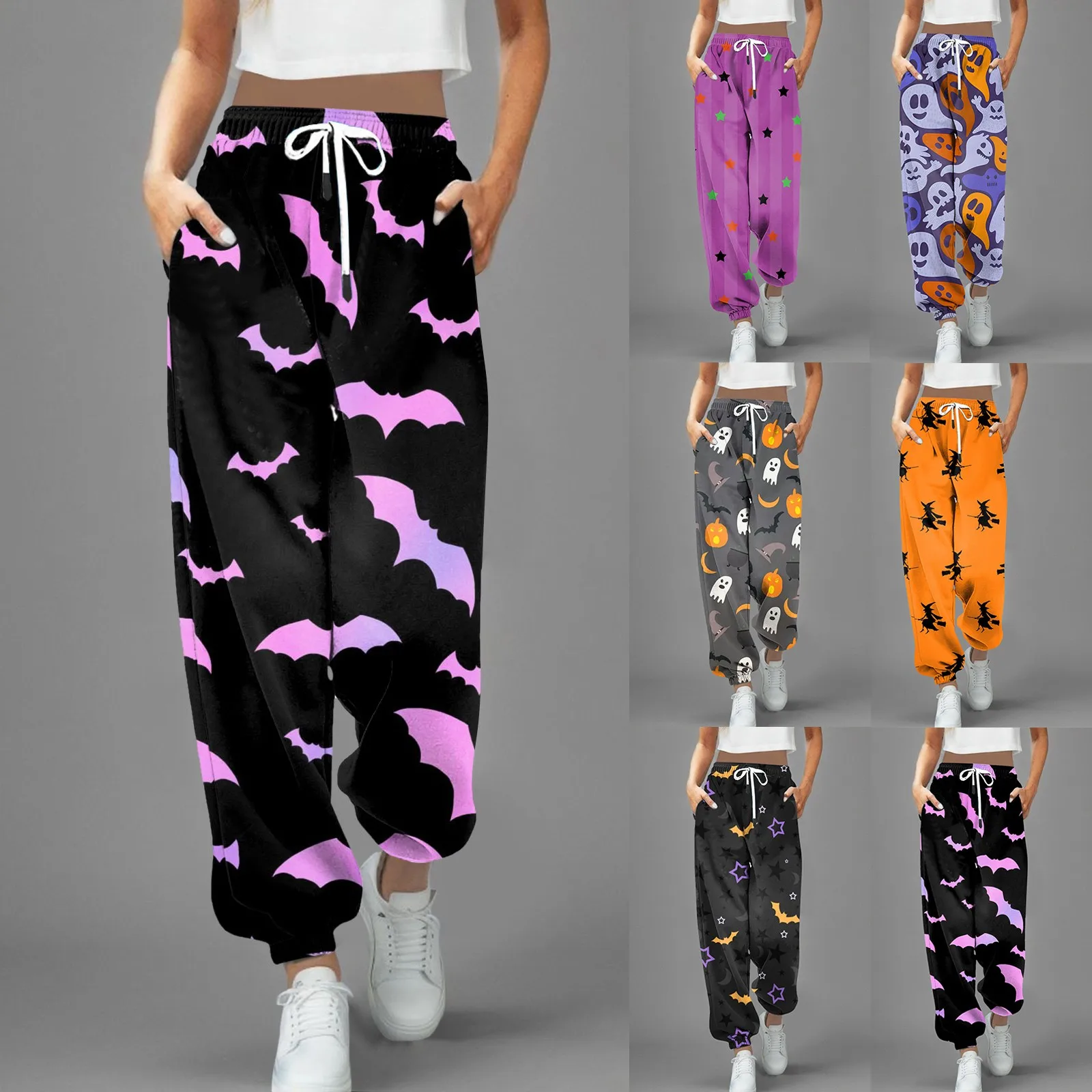 Pink Bat Print Halloween Sweatpants Women Autumn Baggy Oversize Jogging Gothic Pants Halloween Trousers Female Joggers Street