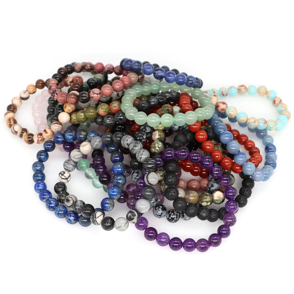Natural Stone Round Beads Bracelet Amethyst Rose Quartz Chakra Healing Crystal Elastic Stretch Bangle For Women Men Jewelry Gift