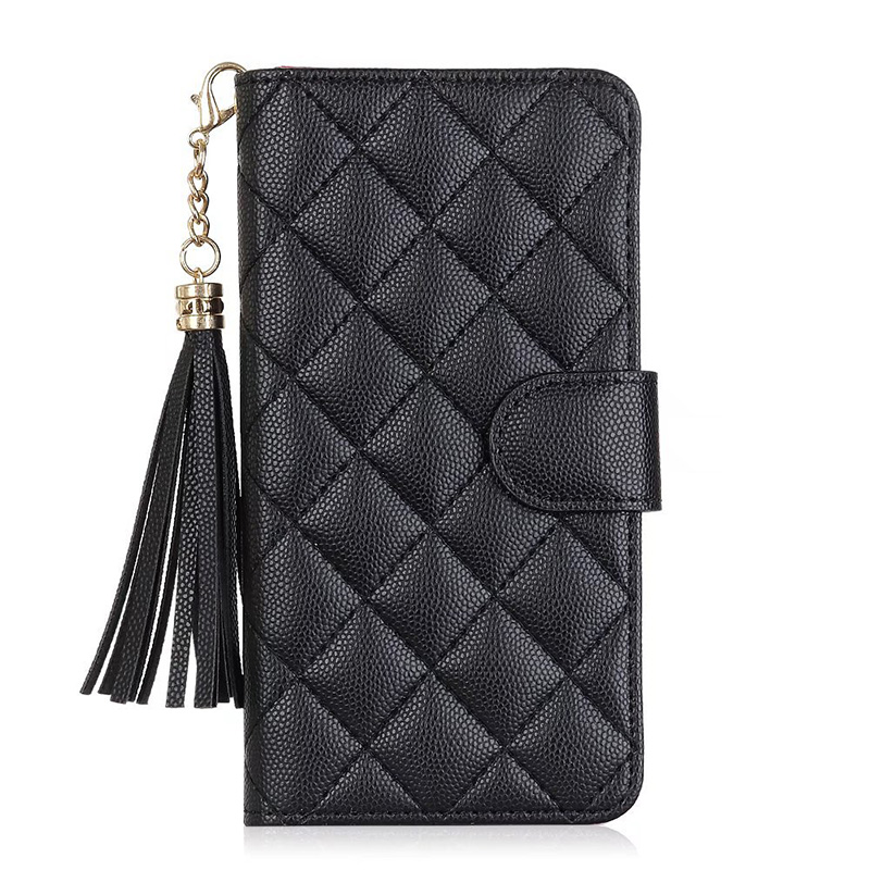 Flip Wallet Designer Phone Case for Apple iPhone 17 16 Luxury Pebbled PU Lambskin Leather Diamond Pattern Tassel Card Holder Magnetic Closure Back Cover Coque Black