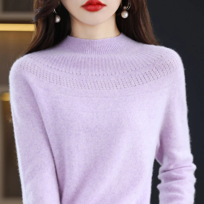Autumn and winter wool single-line ready-to-wear hollow women's pullover O-neck cashmere new 2025 sweater knitted solid color