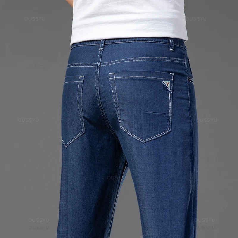 2024 New Summer Lyocell Baggy Men's Jeans Elastic Waist Thin Straight 2025 new Denim Pants Dark Blue Classic Trousers Plus Size 40 42