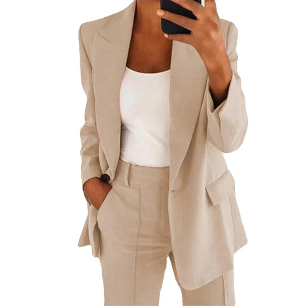 Suit Jacket Women Blazer Two Piece Set Clothse Solid Office Lady Clothing Long Sleeves Overcoat Autumn Winter Temperament Outfit 240329
