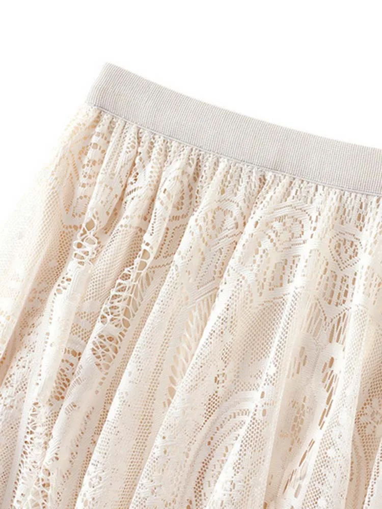Spring Summer Women Lace Skirts Solid new High Waist Elastic Vintage Elegant Office Ladies White Black Chic 2025 Long Skirts Jupe Longue