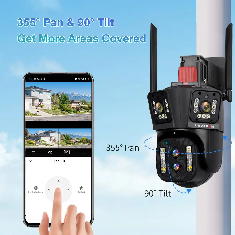 LS VISION 8K UHD WIFI IP Camera Outdoor 10X Optical Zoom Auto Tracking 6K PTZ Four Lens Three Screen Waterproof Security Camera